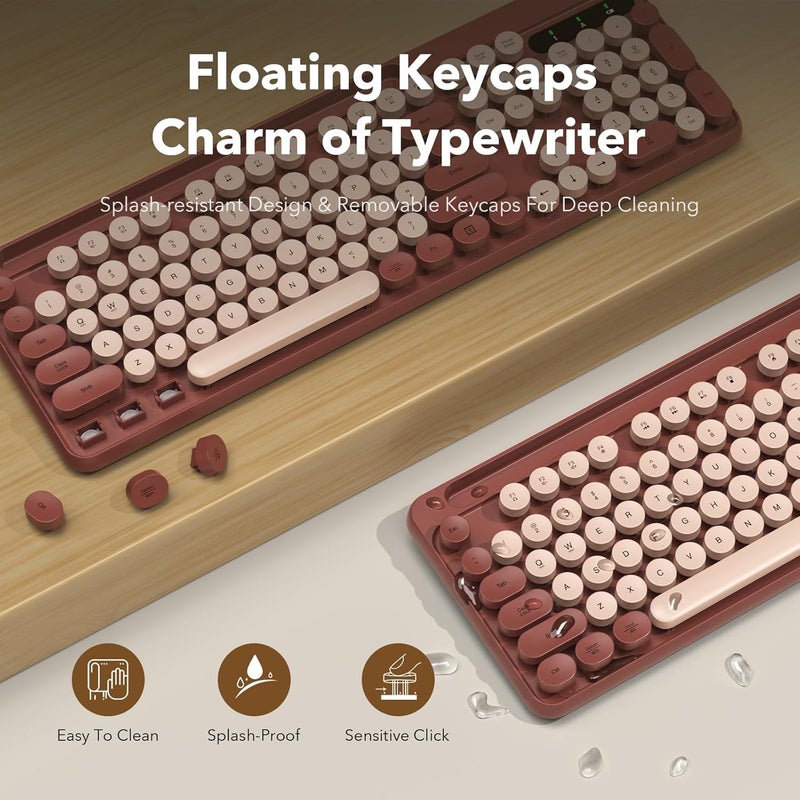 Trueque Wireless Keyboard and Mouse Combo, Retro Round Keycaps, Full-Size Cute Typewriter Keyboard with Large Phone/Tablet Holder, Auto-Sleep, 2.4GHz Cordless Connection for Windows/PC/Laptop (Wine Red) - Image 4